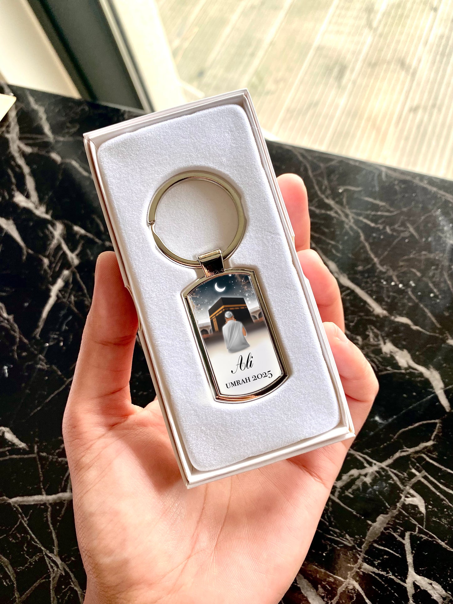 Umrah Gift Personalised Name Men’s Night Sky Hajj Umrah Metal Keychain with Gift Box