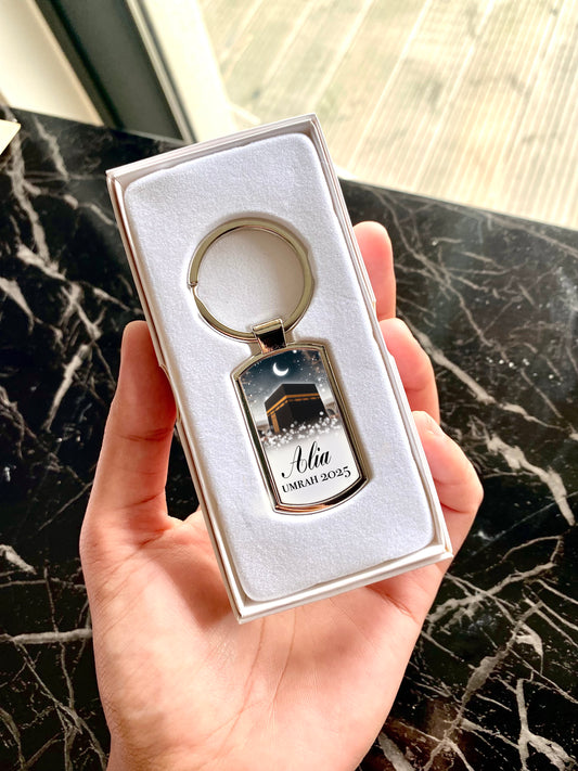 Personalised Name Night Sky Hajj Umrah Hijabi Metal Keychain with Gift Box