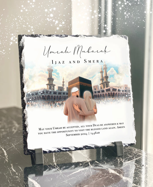 Umrah Mubarak Couples Slate with Personalised Names and Stand (20x20cm