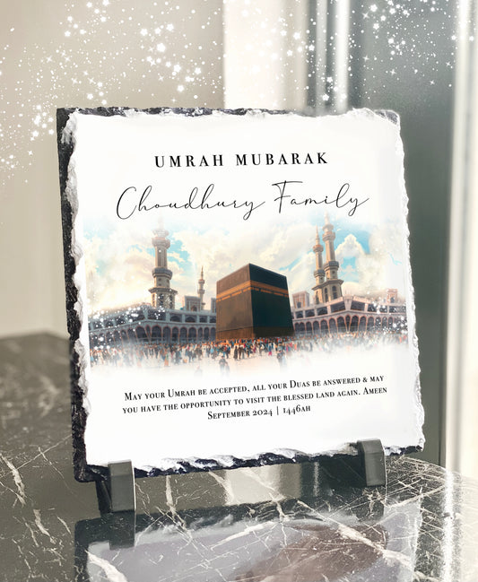 Umrah Mubarak Blue Slate with Personalised Names and Stand (20x20cm)