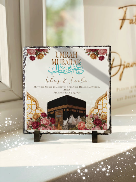 Floral Kabah Umrah Gift Umrah Mubarak Kabah Slate with Personalised Names and Stand (20x20cm)