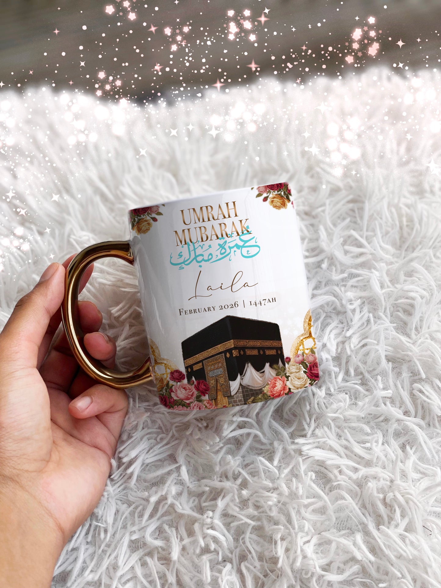 Floral Kabah Umrah Mubarak Personalised Best Friends Initials Gold Handle Mug