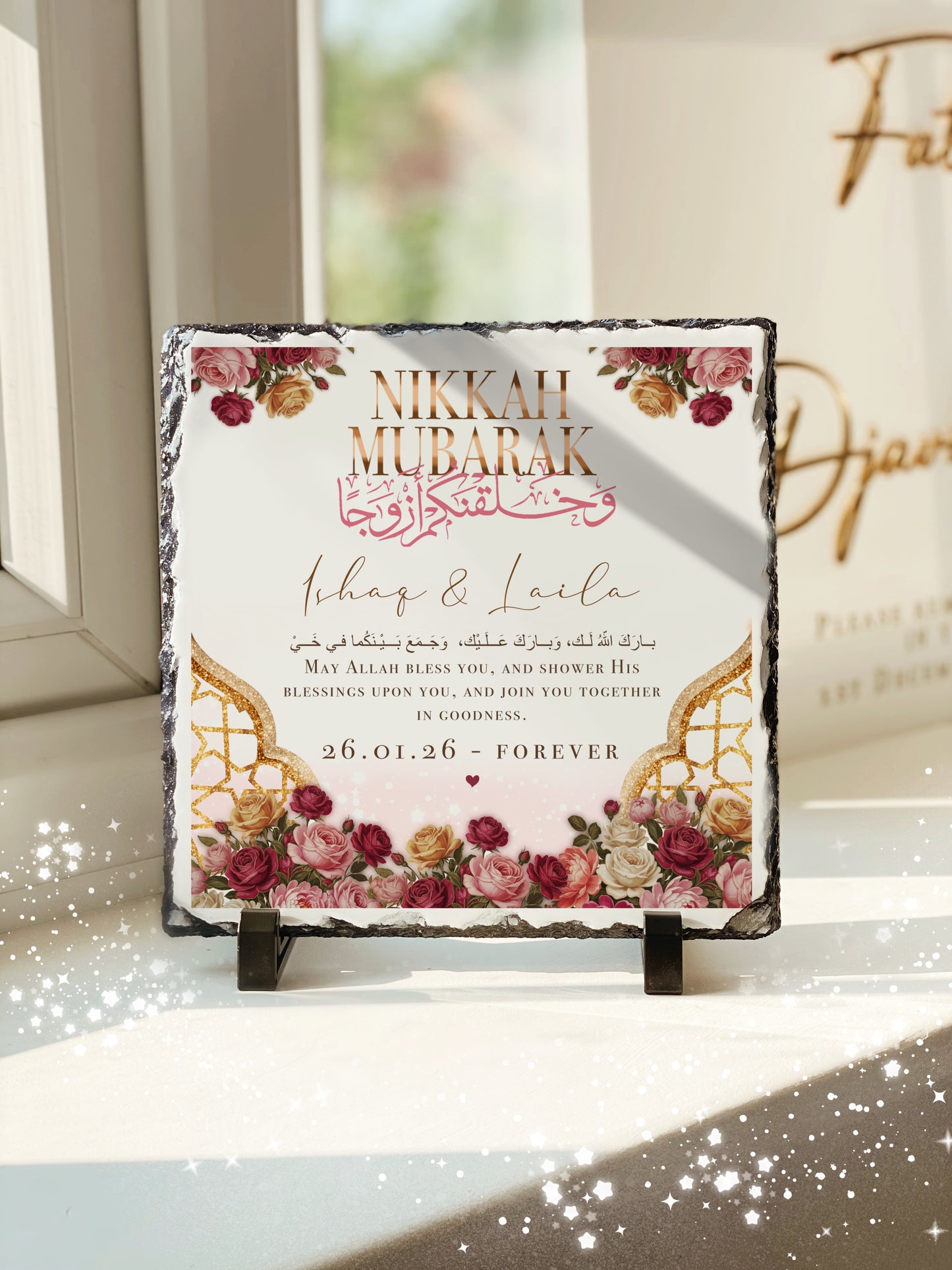 Couples Marriage Nikkah Gold Floral Slate with Personalised Names and Stand (20x20cm)