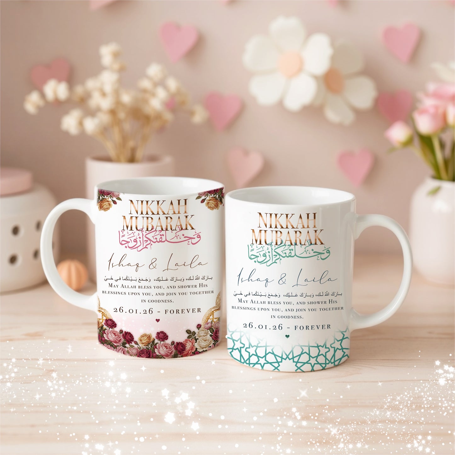 Set of 2 Personalized Couples Anniversary Husband and Wife Gold Floral Mugs