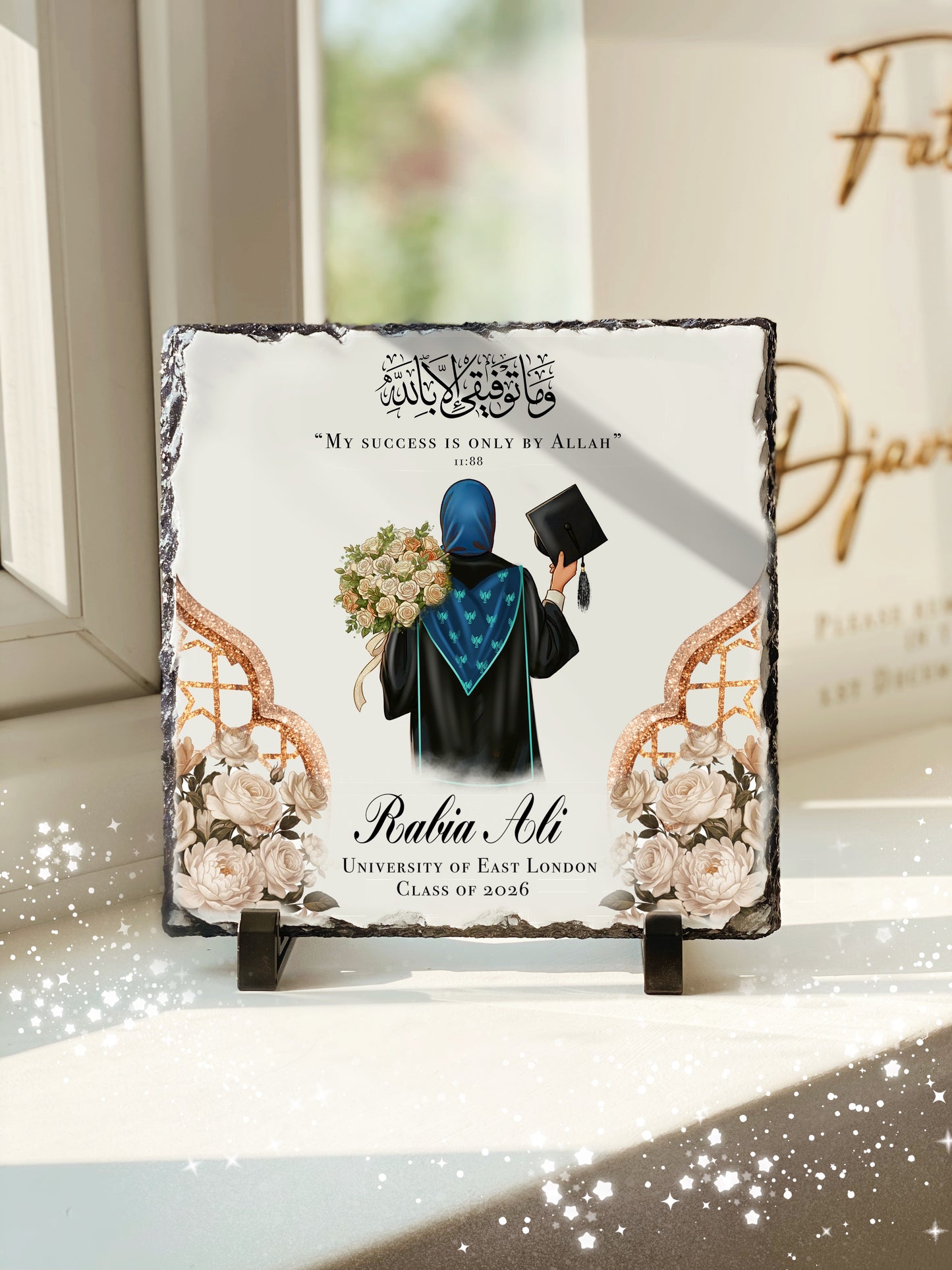 Heavyweight Custom Sash Hijabi Graduation Women’s Slate with Personalised Names and Stand (20x20cm)