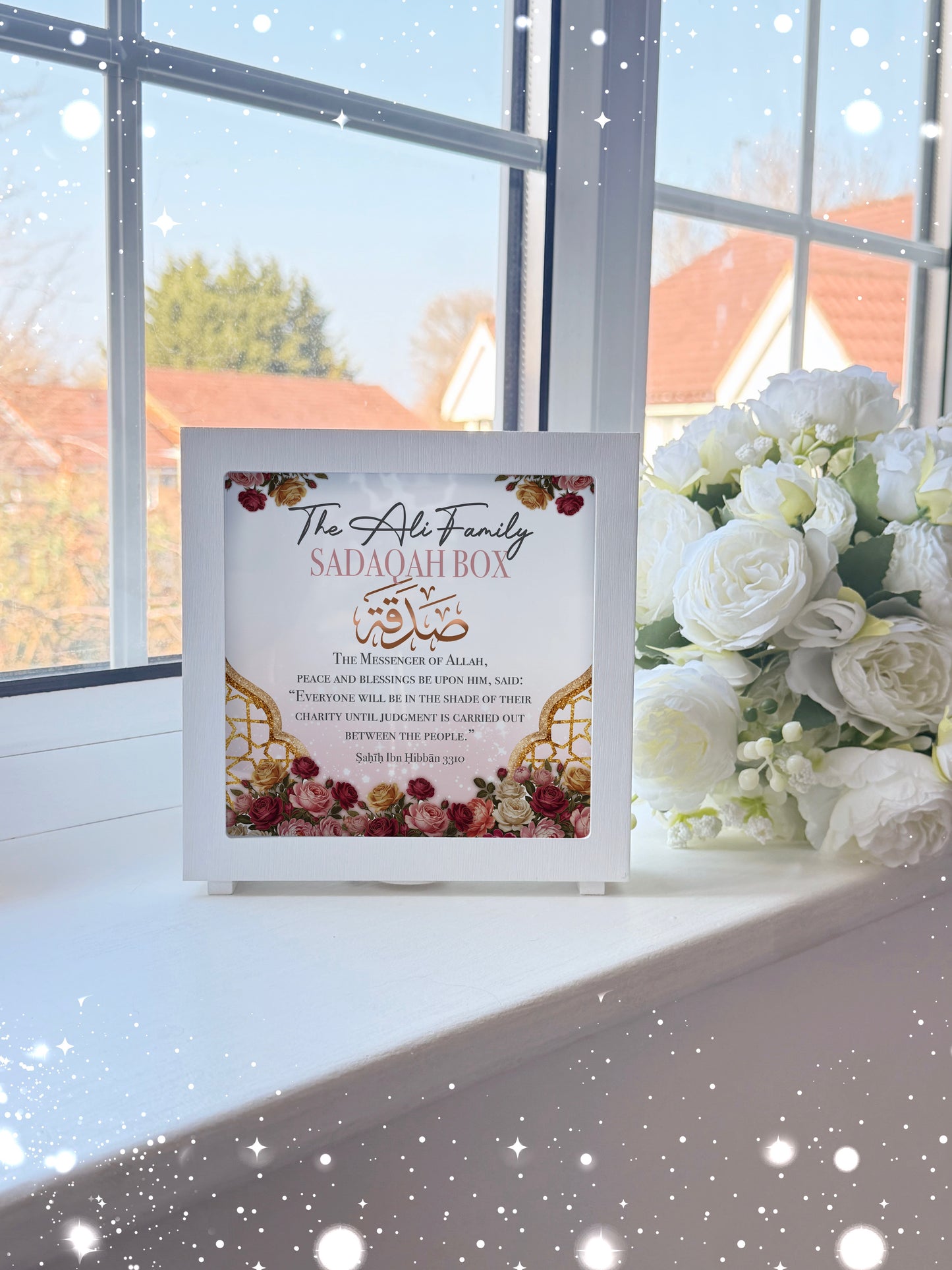 Pink Floral Gold Wooden Personalised Islamic Sadaqah Box with Removable Plug 6.5x6.5 inch