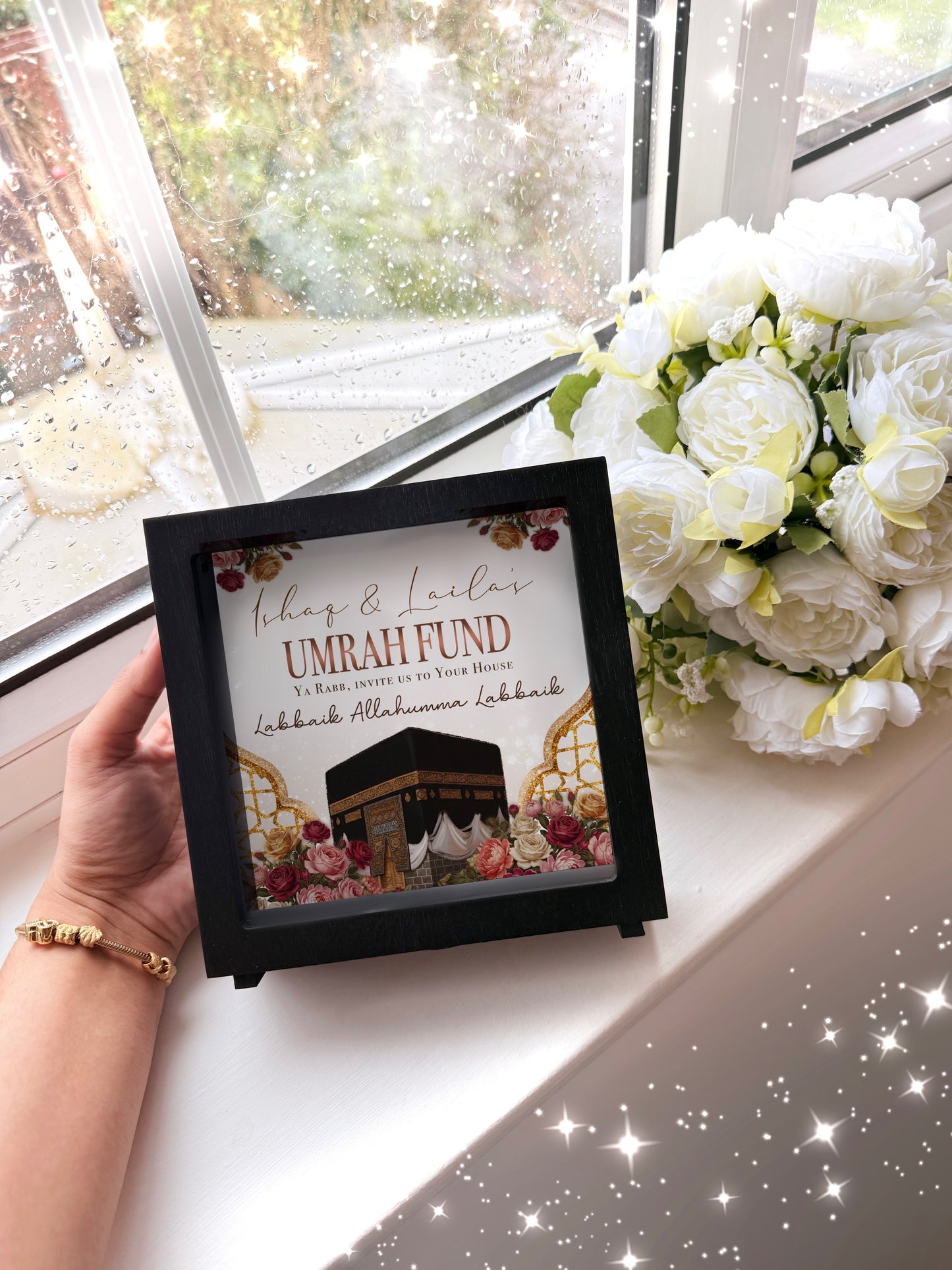 Floral Gold Wooden Personalised Islamic Umrah Fund Box with Removable Plug 6.5x6.5 inch