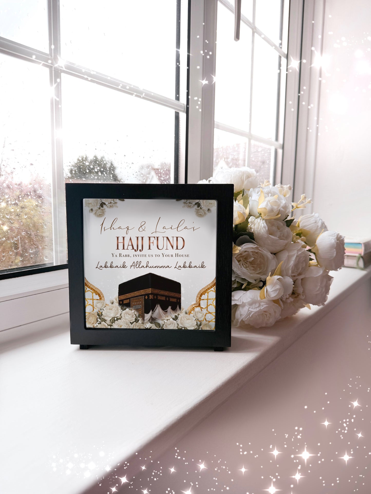 Floral Gold Wooden Personalised Islamic Hajj Fund Box with Removable Plug 6.5x6.5 inch