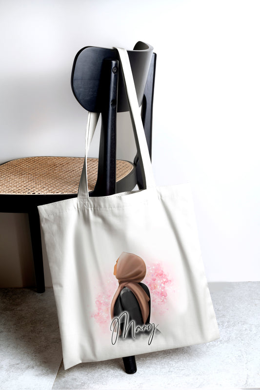 Personalised Floral Pink Hijabi White Tote Bag