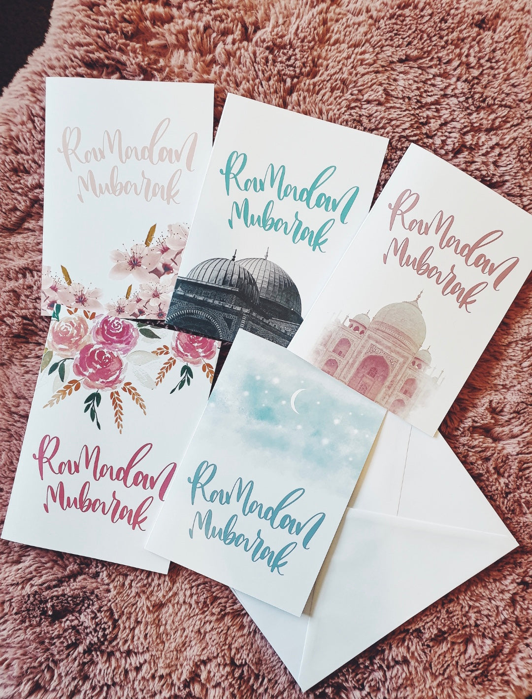 Set of 5 or 10 Ramadan Mubarak Greeting Cards w/ Envelopes