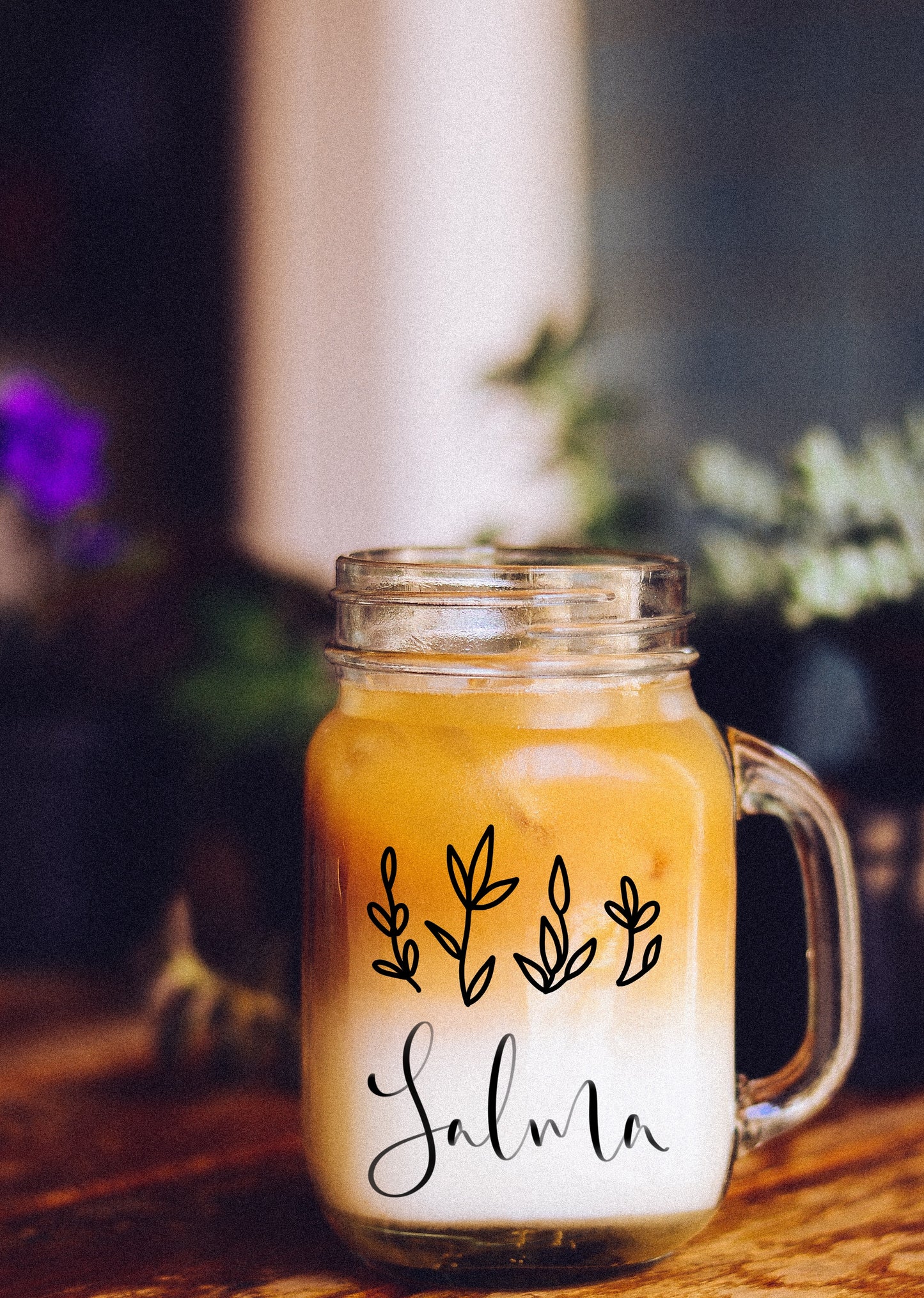 Personalised Leafy Mason Jar Mug with Straw-Hole Lid