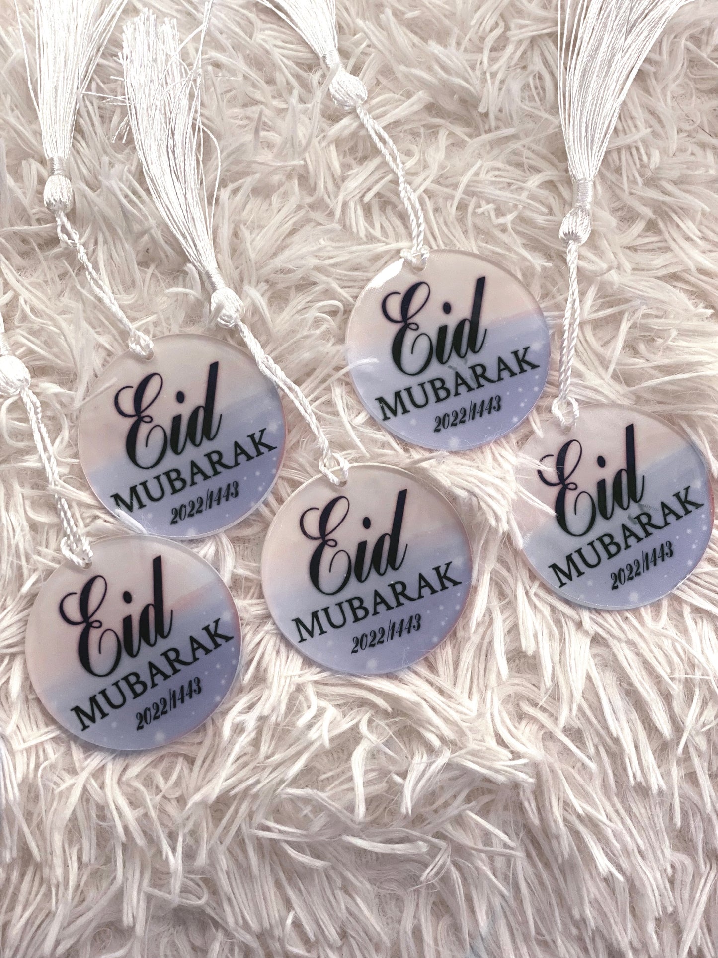 Set of 5 Acrylic Eid Mubarak 2022/1443 Tag Keepsakes with White Tassel