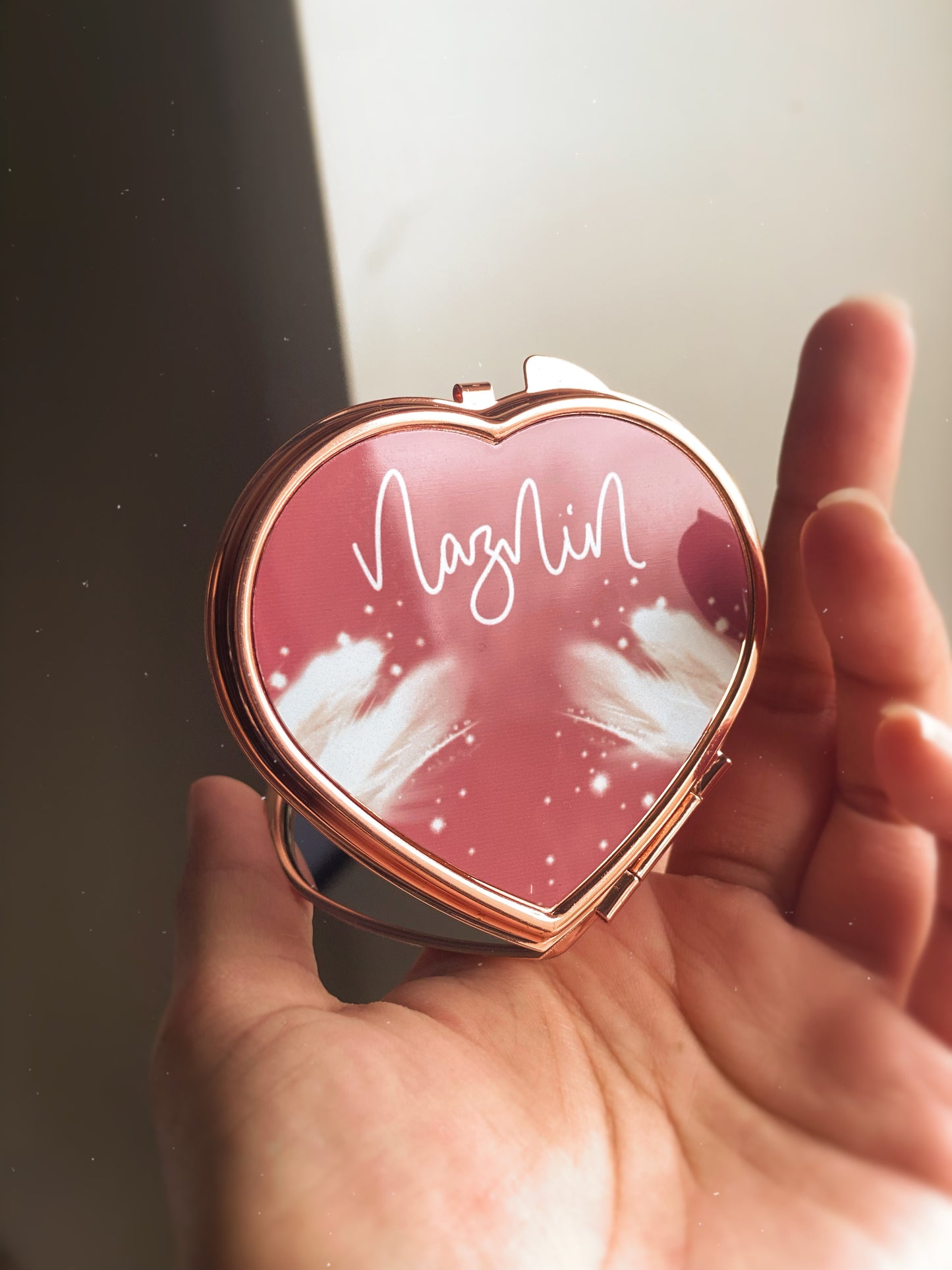 Personalised Rose Gold Pink Feather Compact Mirror