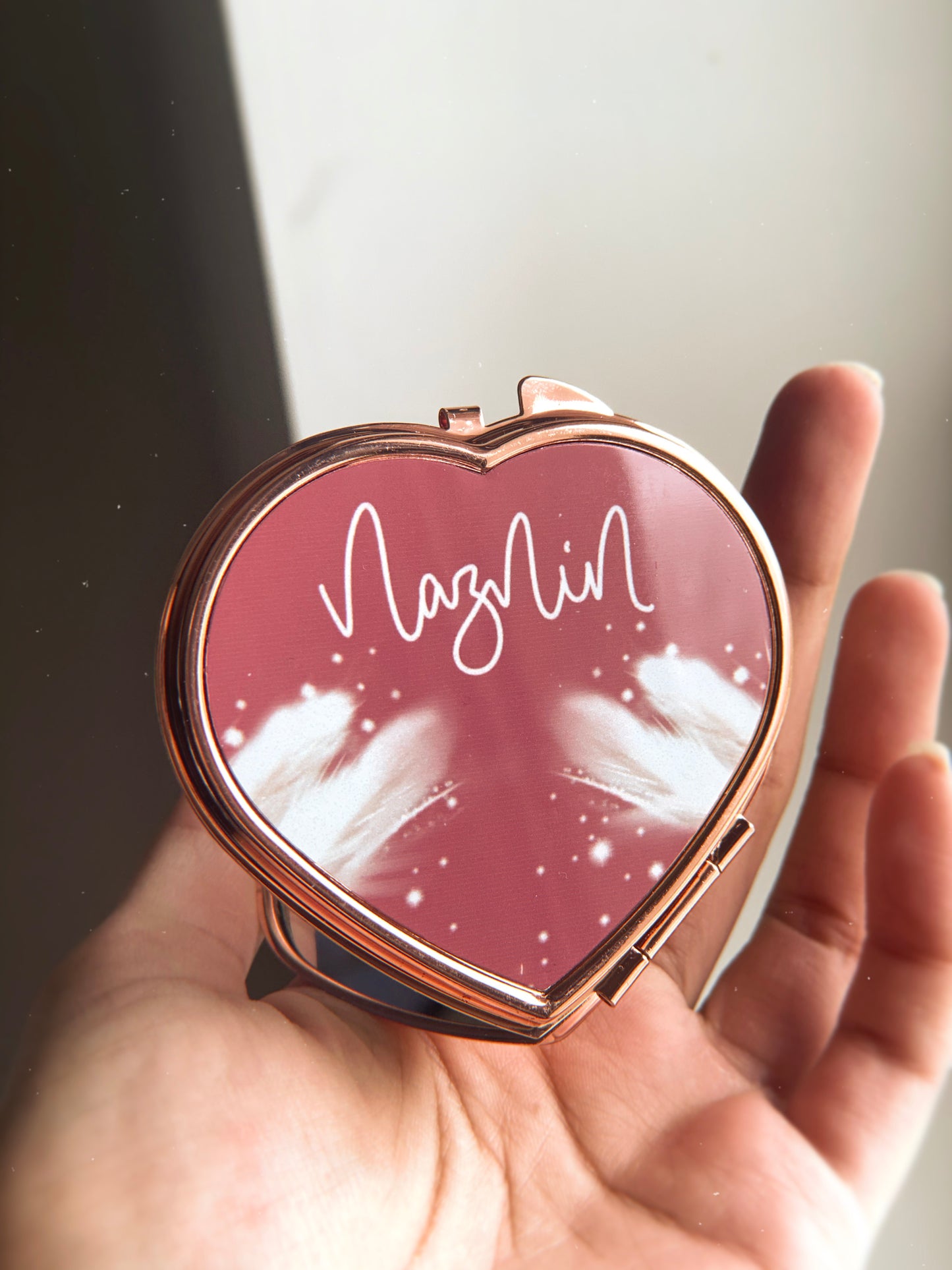 Personalised Rose Gold Pink Feather Compact Mirror