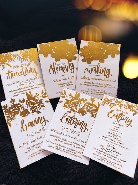 Set of 7 White & Gold Laminate Dua Cards (A7)