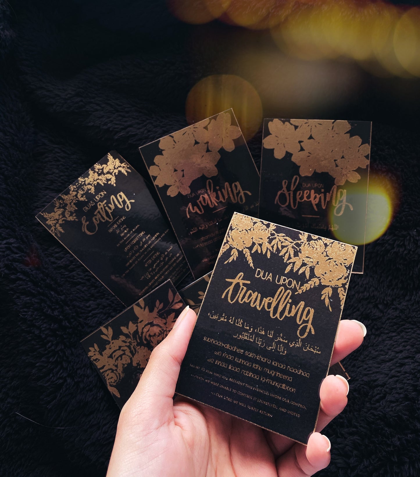 Set of 7 Black & Gold Laminate Dua Cards (A7)