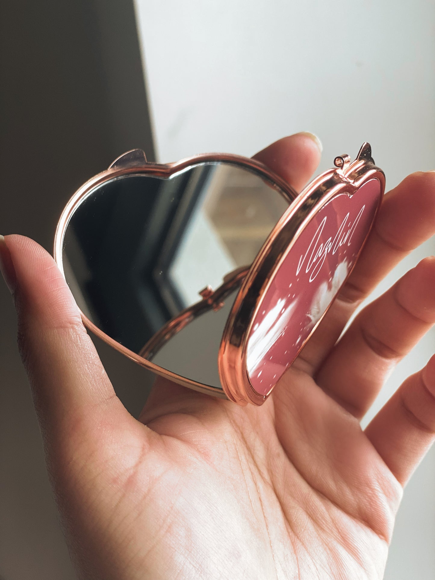 Personalised Rose Gold Pink Feather Compact Mirror